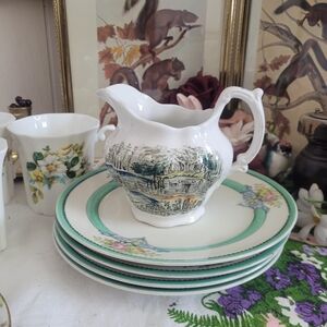 Vintage Scenic White and Green Pitcher